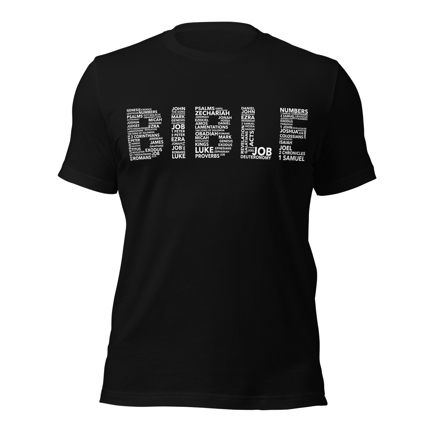 Black t-shirt with white text design on a white background