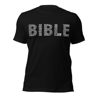 Black t-shirt with white text design on a white background