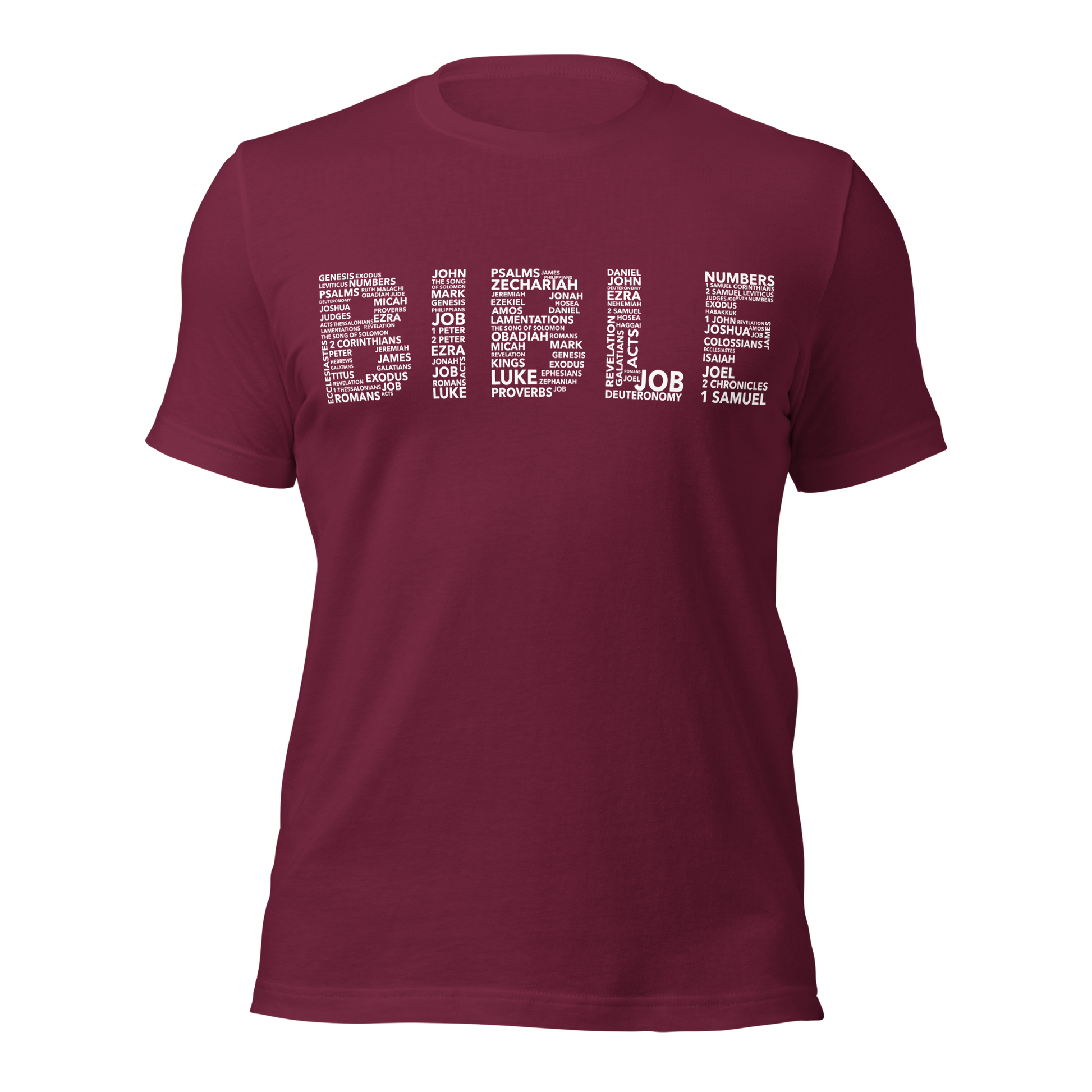Maroon t-shirt with white text design on a white background